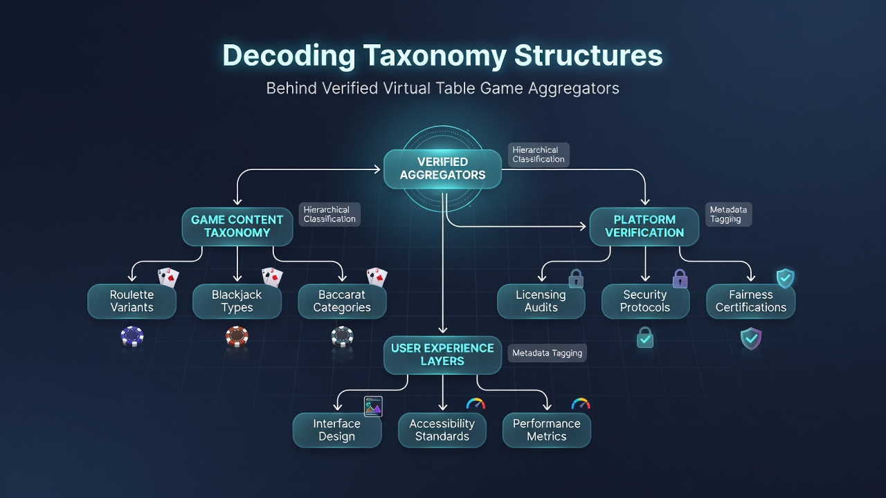 Screenshot of aggregator dashboard displaying taxonomy filters for verified table games with compliance and mechanics layers active