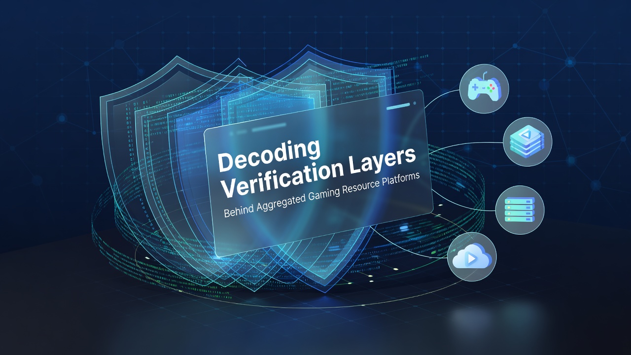 Illustration of multi-layer verification processes in gaming resource aggregation platforms showing interconnected security checkpoints and data validation nodes