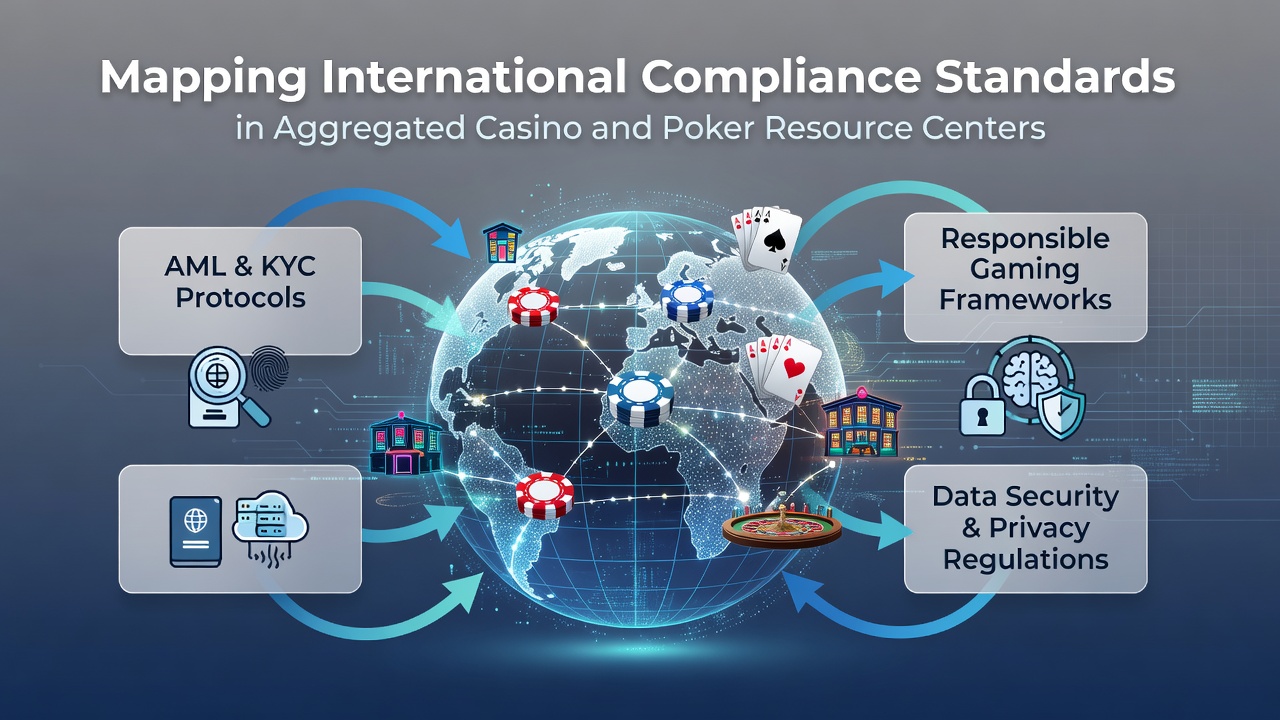 Diagram illustrating interconnected global regulatory frameworks for casino and poker resource centers