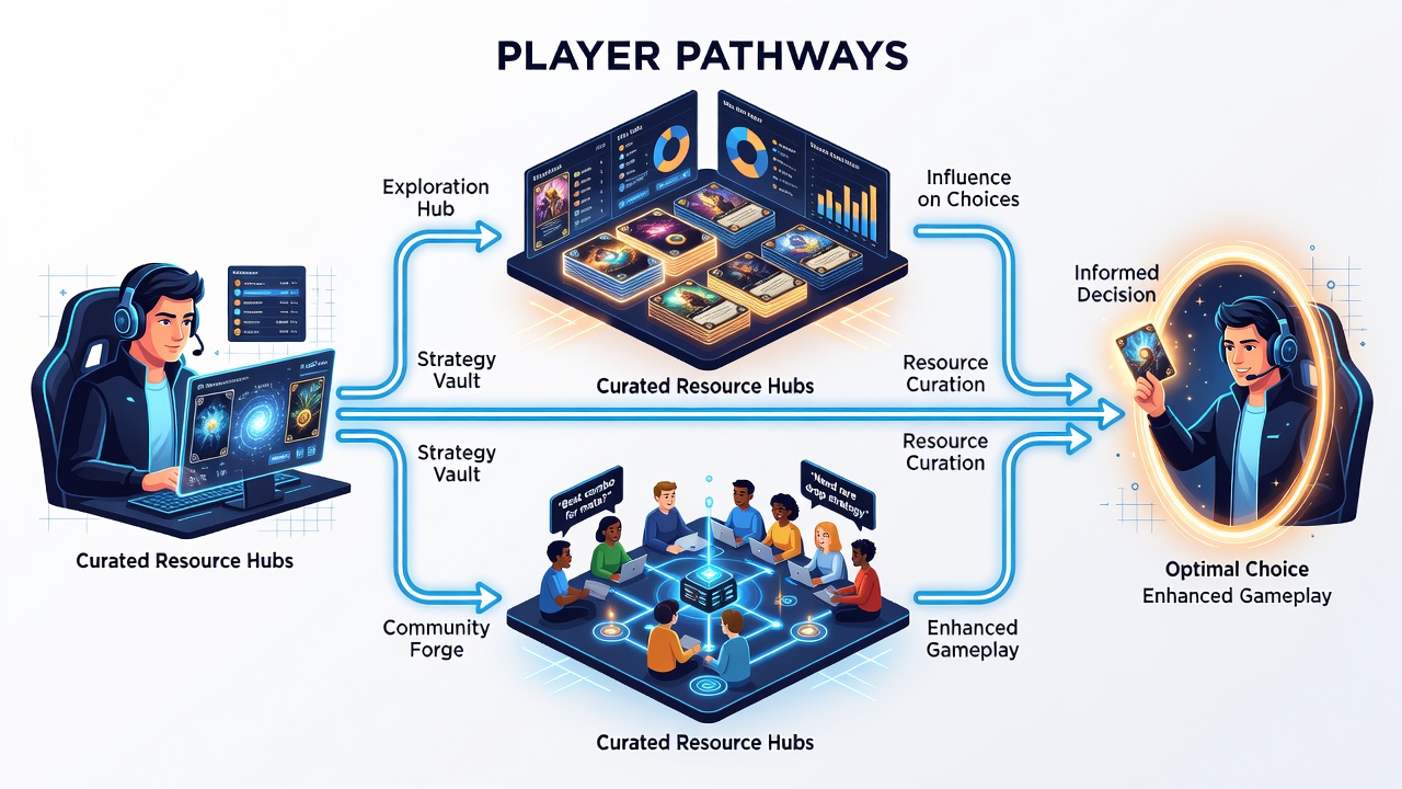 Digital card game interface showing curated deck recommendations and player statistics dashboards