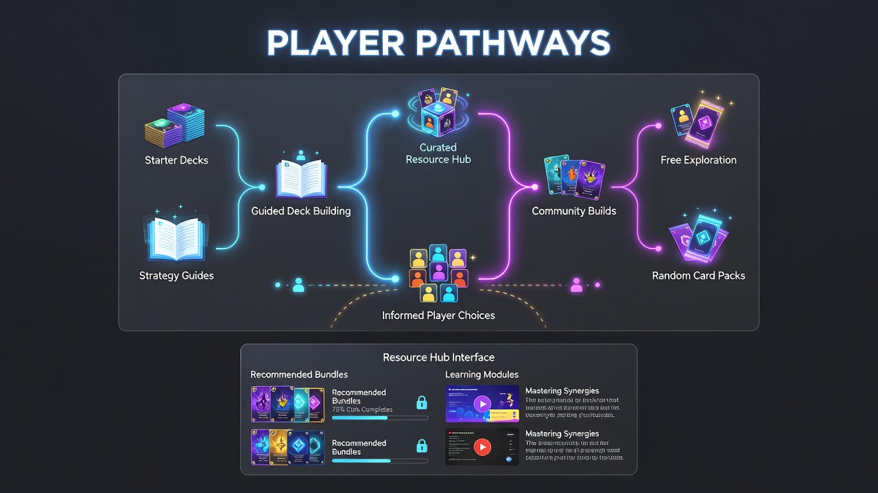 Community dashboard displaying player journey maps and resource hub analytics for digital card games