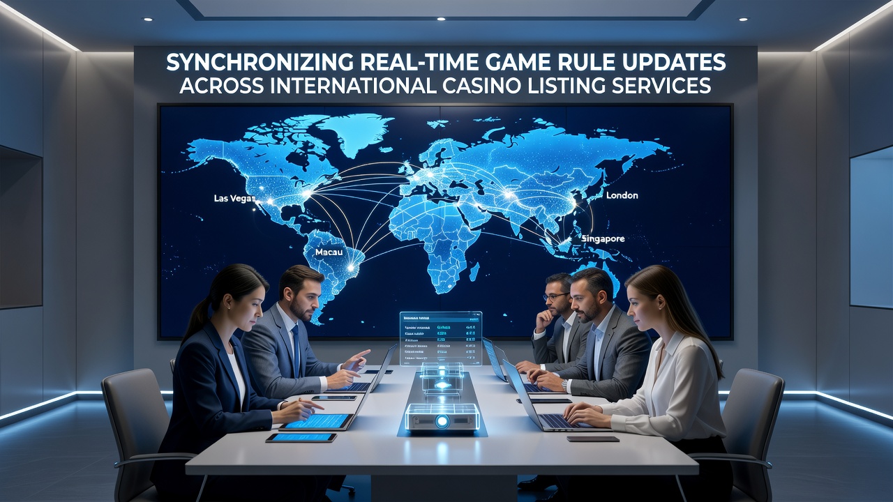 Screenshot of a casino listing dashboard displaying synchronized rule updates with timestamps and regional tags