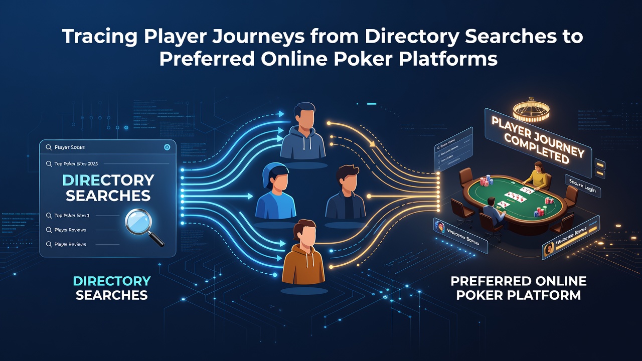 Diagram showing progression from directory exploration to poker platform engagement and retention